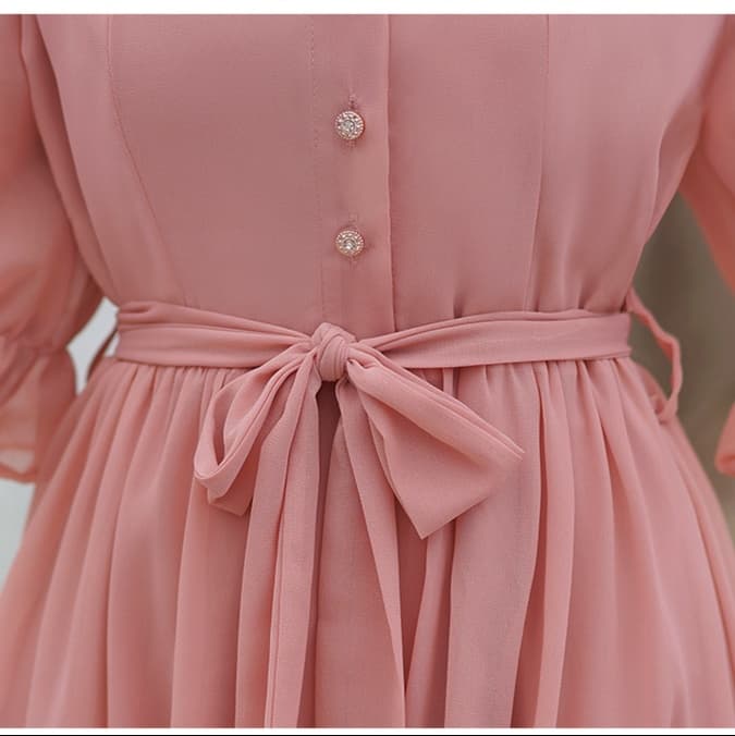 大人かわいい服 ふんわりシフォン袖フリルリボンワンピース