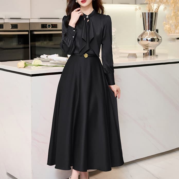 大人かわいい服 優美リボンタイワンピース