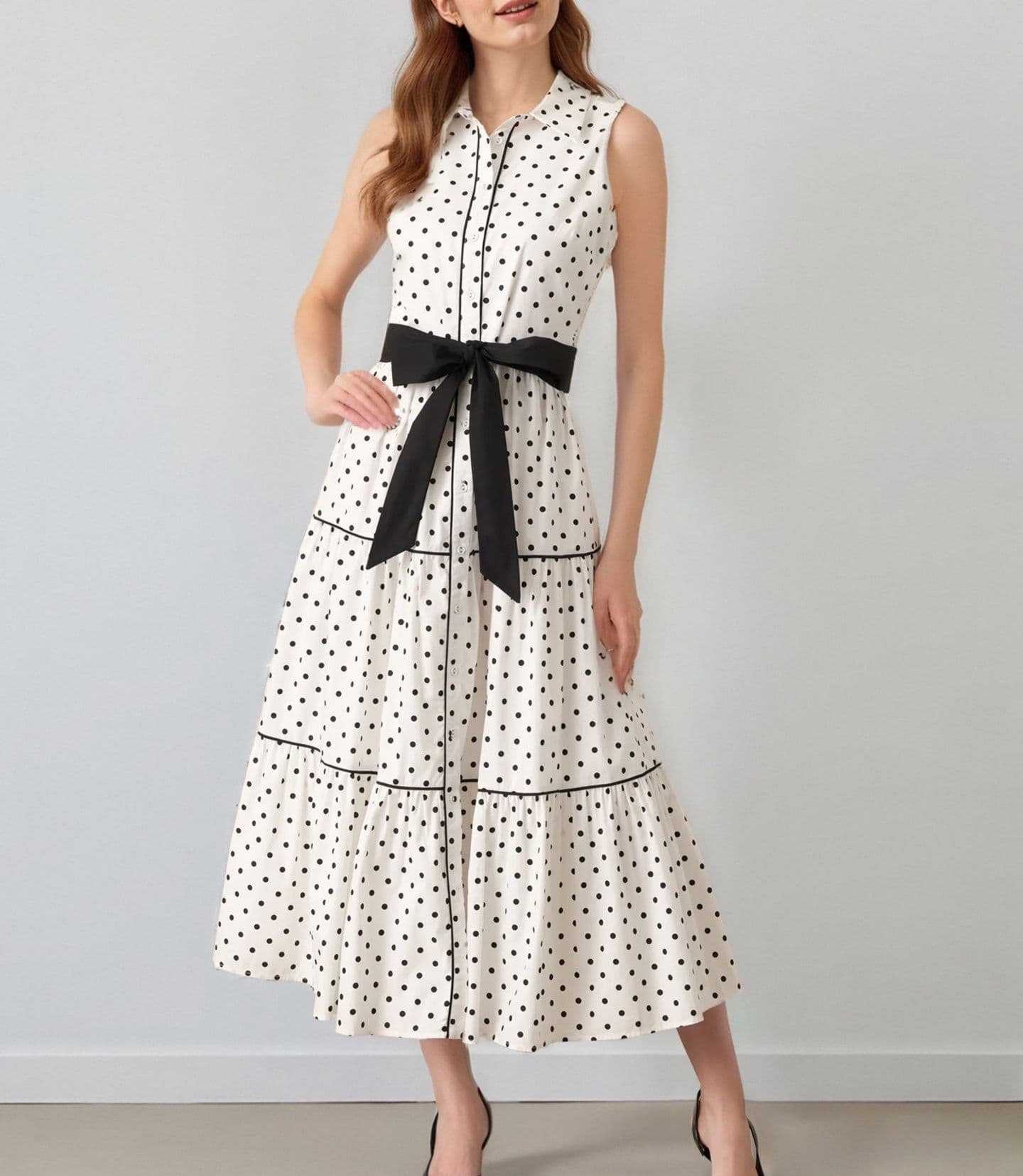 大人かわいい服 ドット柄ノースリーブ襟付きワンピース