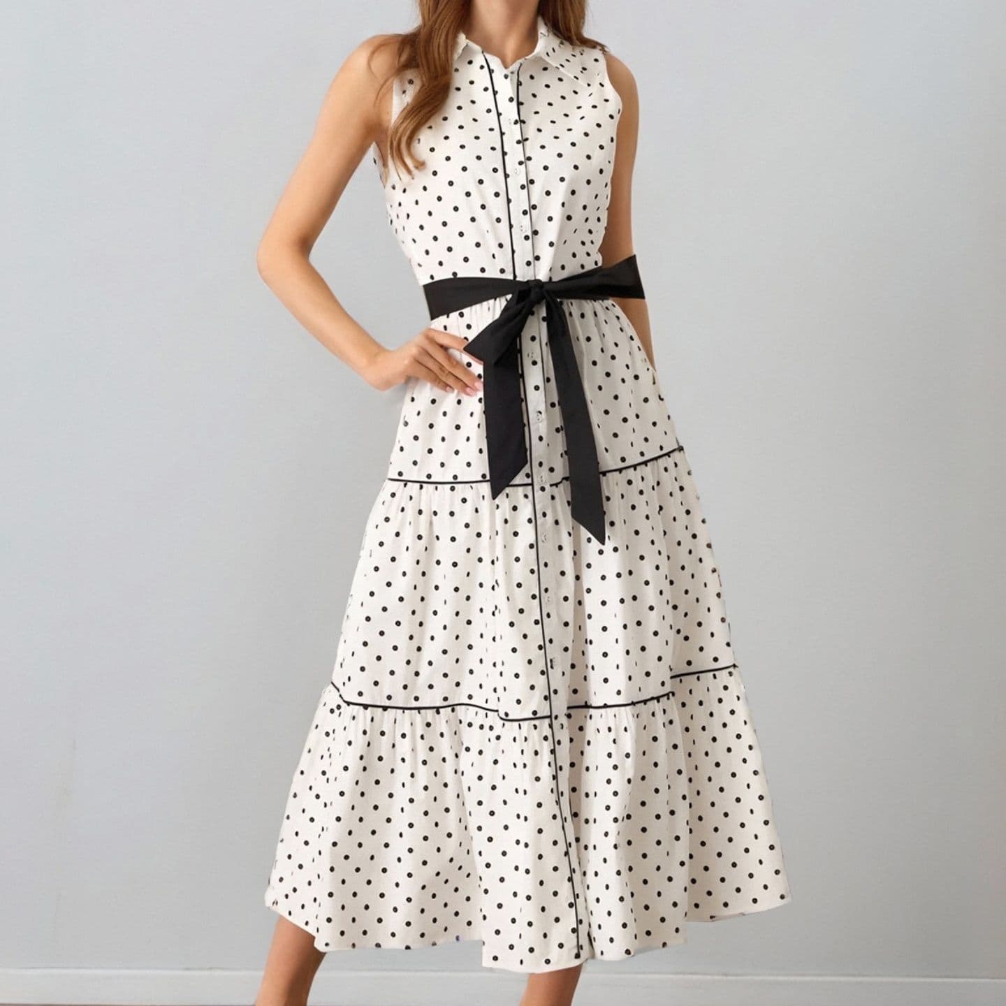 大人かわいい服 ドット柄ノースリーブ襟付きワンピース