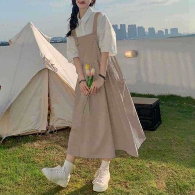 大人かわいい服 レトロ風シャツ×サロペットワンピース