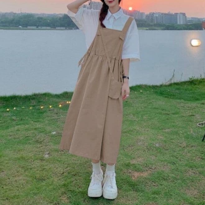 大人かわいい服 レトロ風シャツ×サロペットワンピース