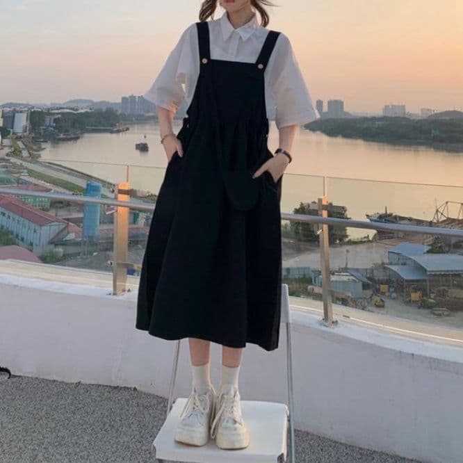 大人かわいい服 レトロ風シャツ×サロペットワンピース