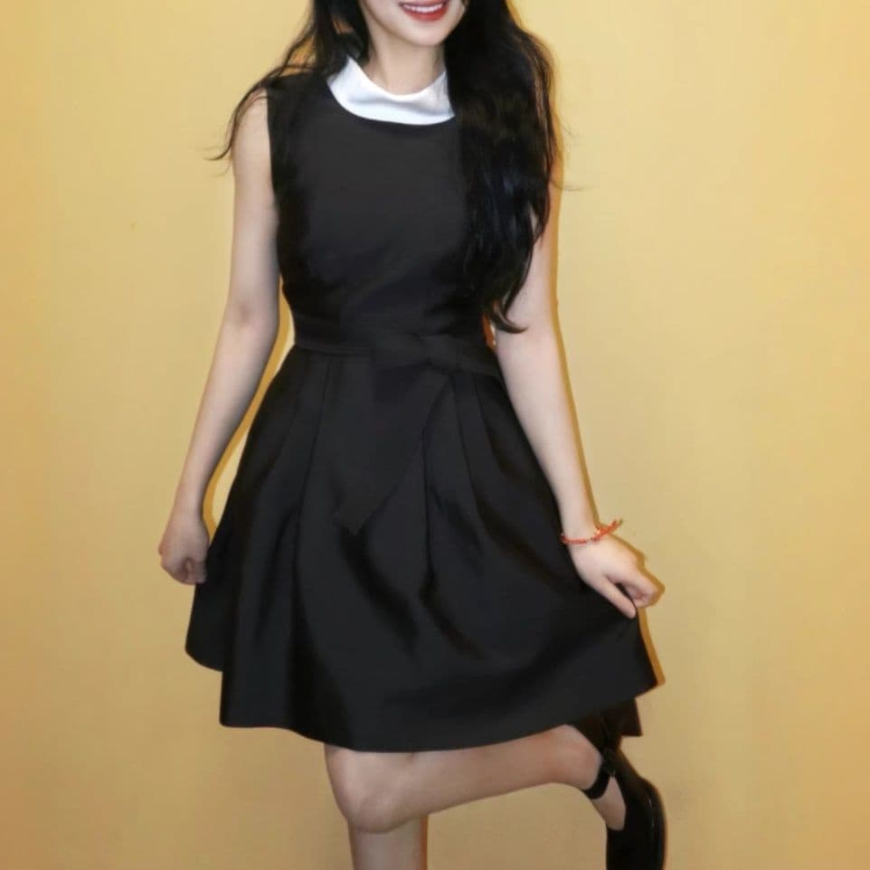 大人かわいい服 ハイネック×リボンベルト ノースリーブワンピース