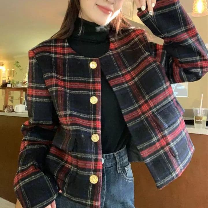 大人かわいい服 クラシックチェック柄ショート丈ジャケット