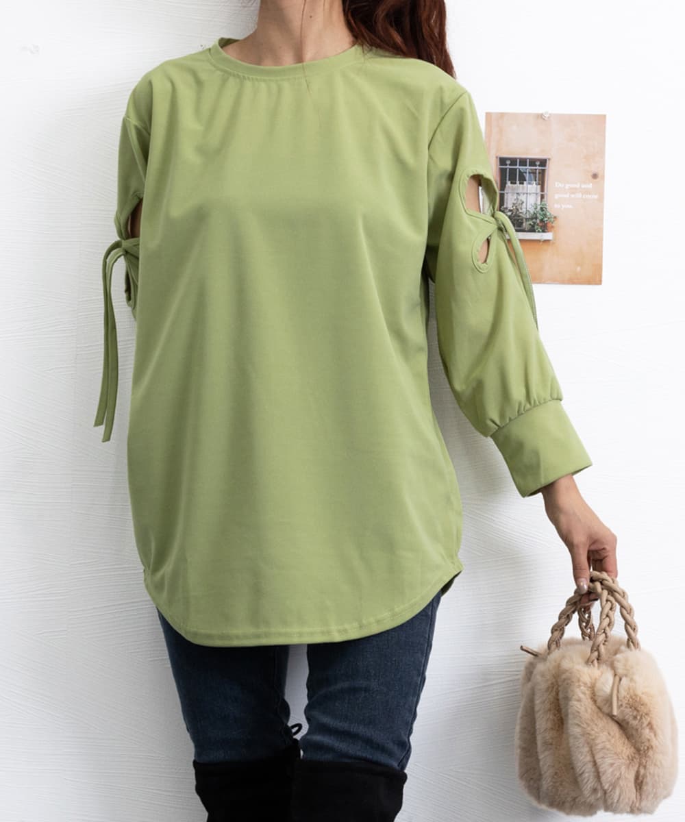 大人かわいい服 袖リボンカットソー ゆったりトップス 体型カバー