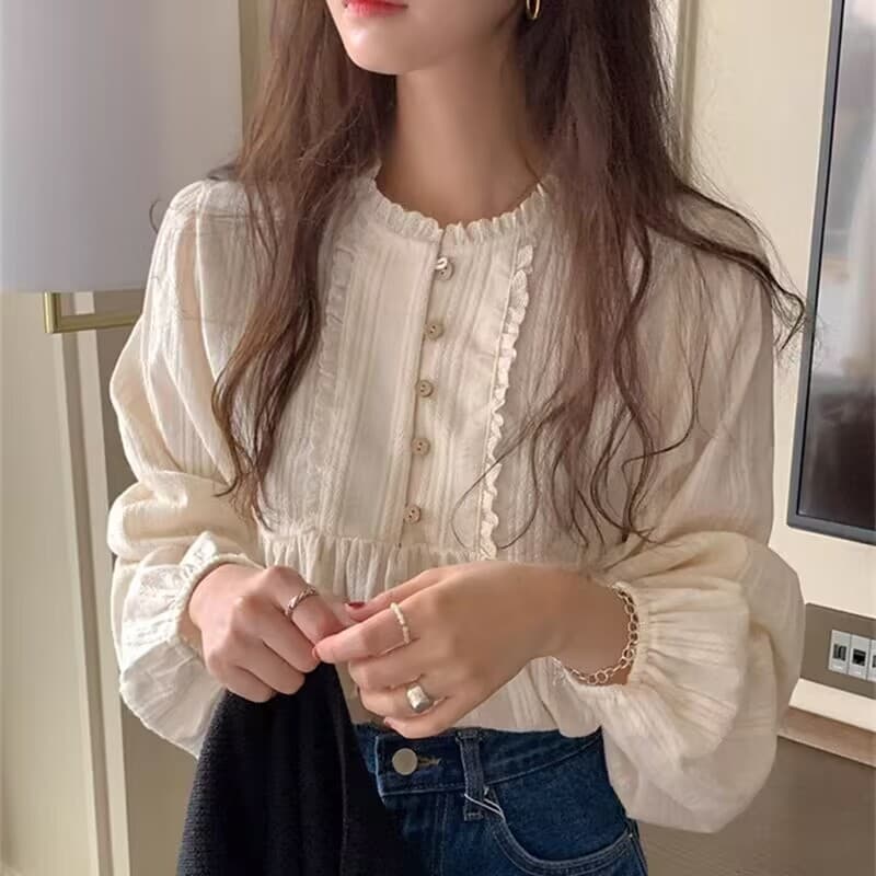 大人かわいい服 フリルネック楊柳ボリューム袖ブラウス