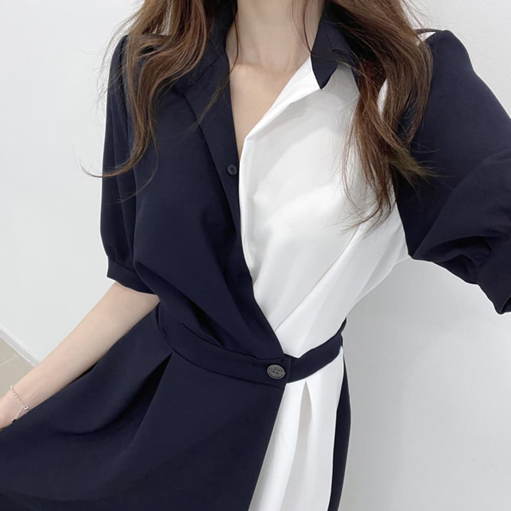 大人かわいい服 バイカラーシャツワンピース ミモレ丈 大人スタイル