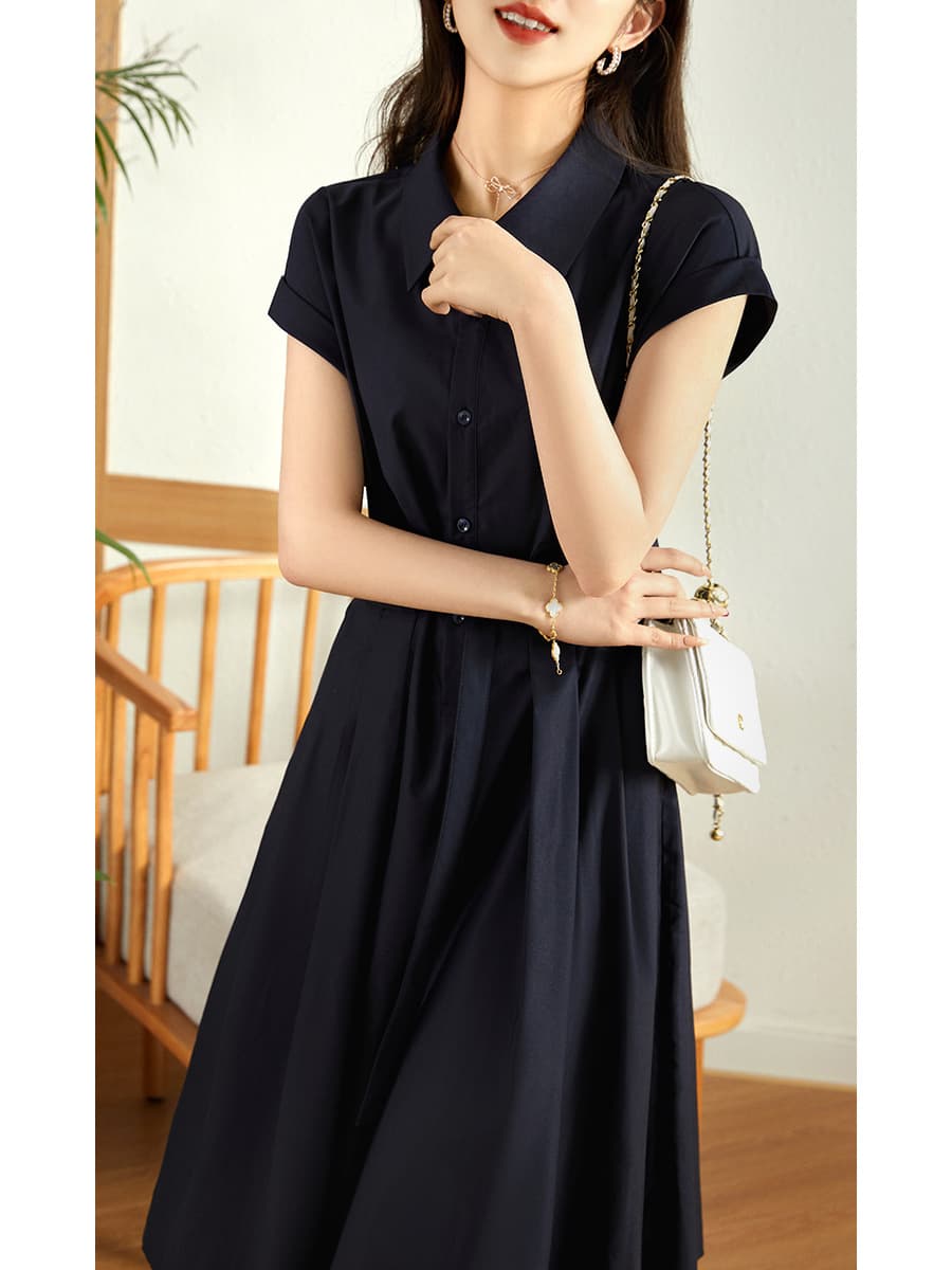 大人かわいい服 上品シルエット タックプリーツ襟付きワンピース