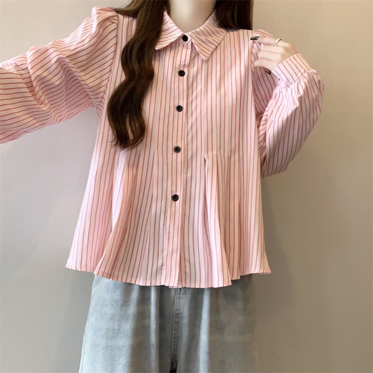 大人かわいい服 ストライプギャザー フレアブラウス