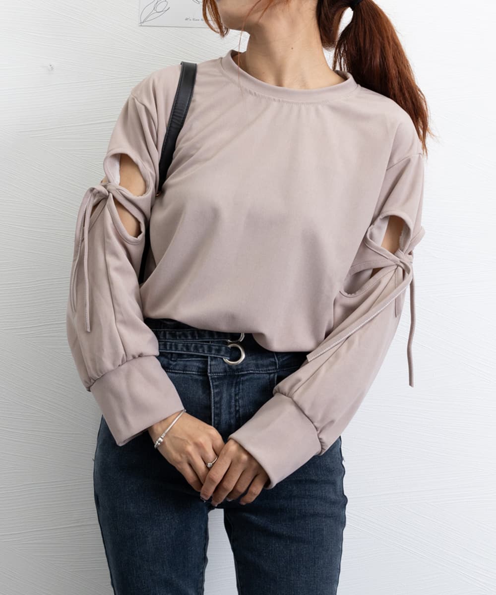 大人かわいい服 袖リボンカットソー ゆったりトップス 体型カバー
