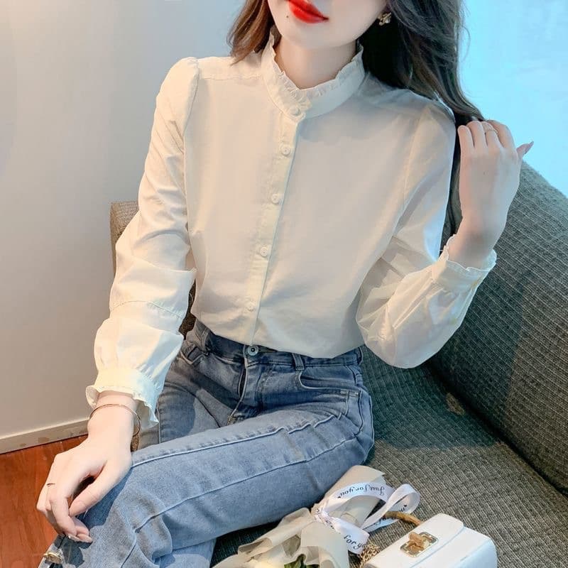 大人かわいい服 フリルスタンドカラーロングスリーブシャツ