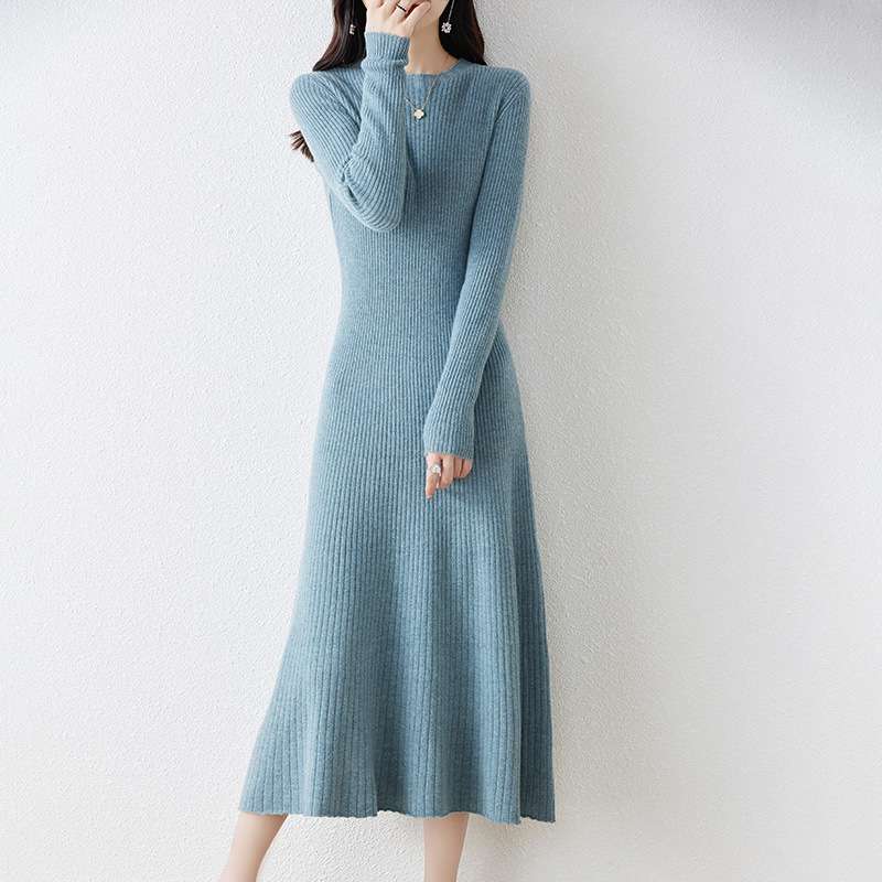 大人かわいい服 美シルエットリブニットロングワンピース