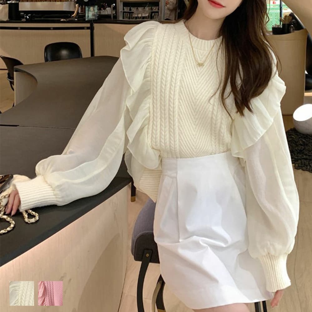 大人かわいい服 フリル袖リブニットトップス 上品フェミニン