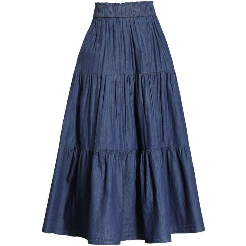 大人かわいい服 ティアードフレアデニムロングスカート
