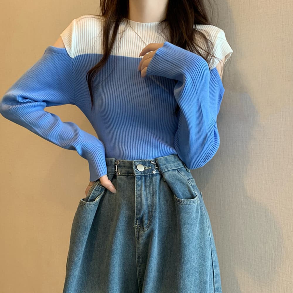 大人かわいい服 肩見せバイカラーリブニットトップス
