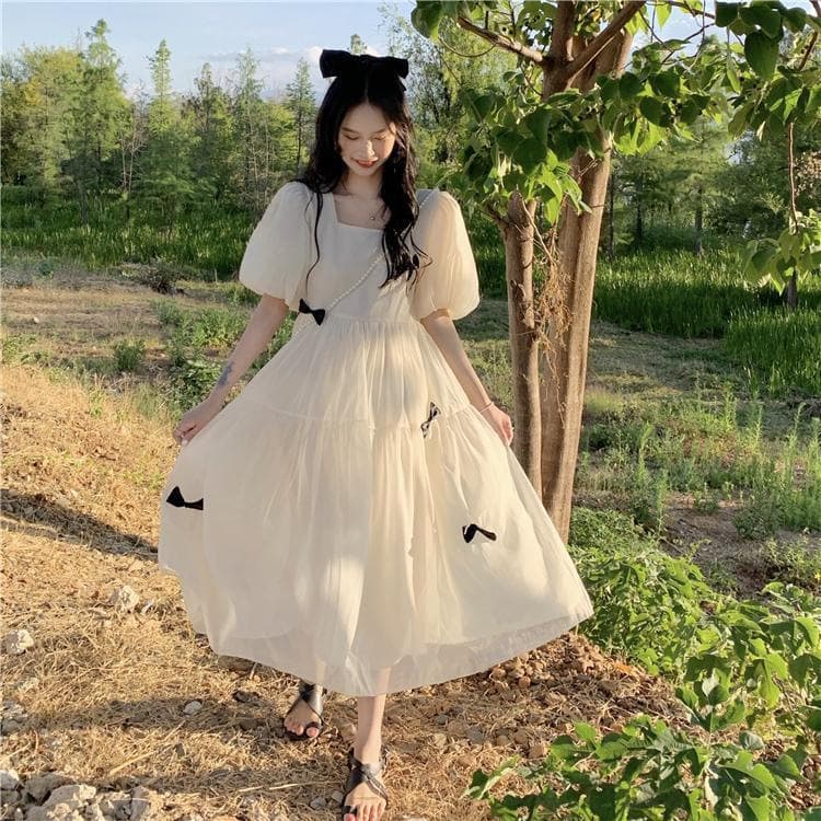 大人かわいい服 森ガールチュールワンピース リボン装飾