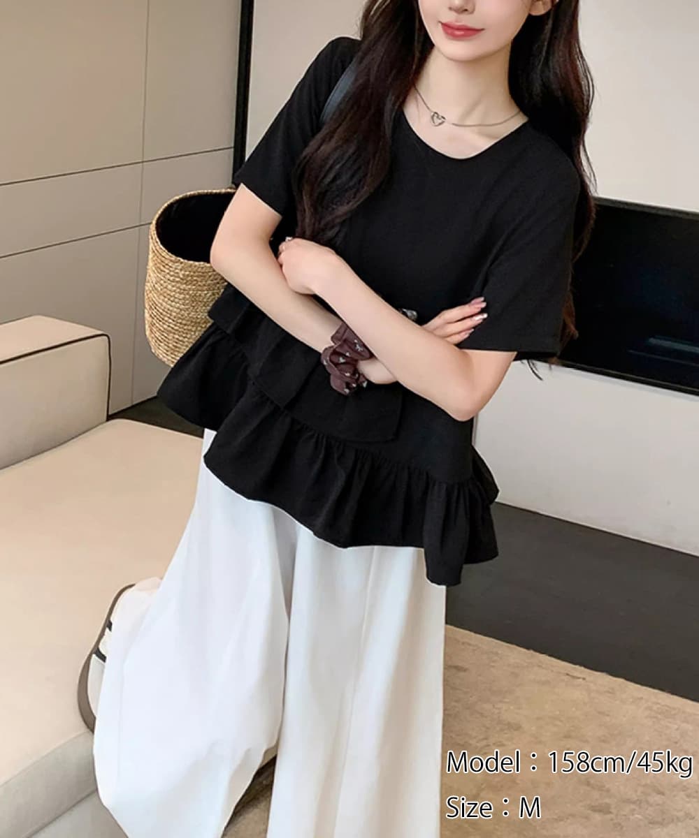 大人かわいい服 アシンメトリーフリル切替トップス