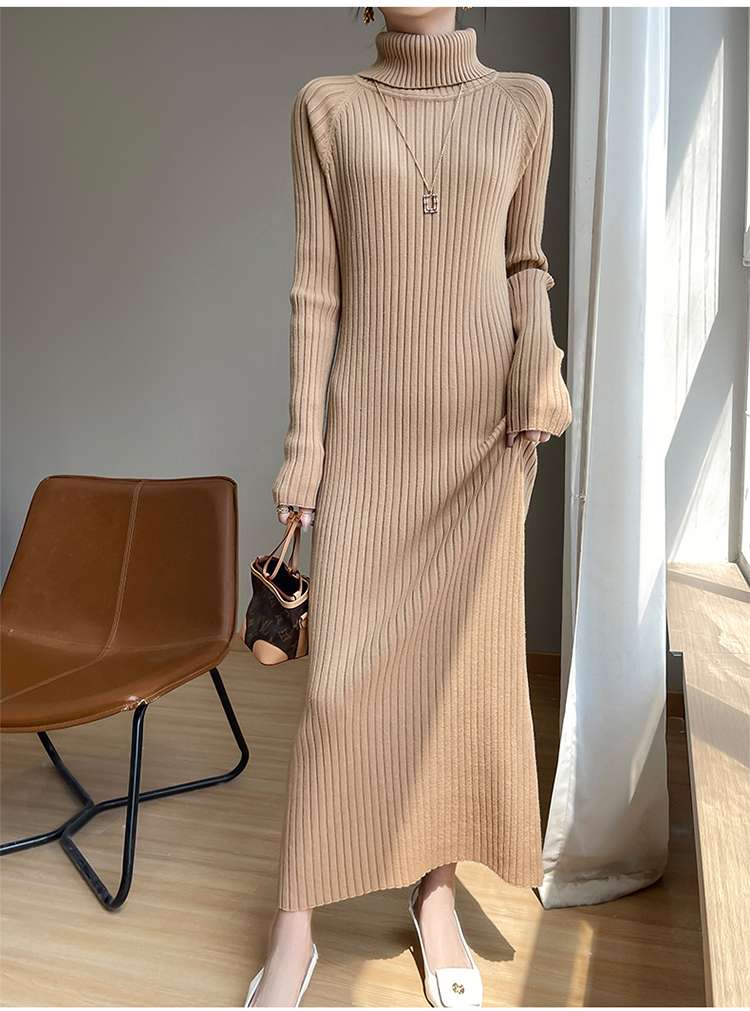 大人かわいい服 リブニットタートルワンピース