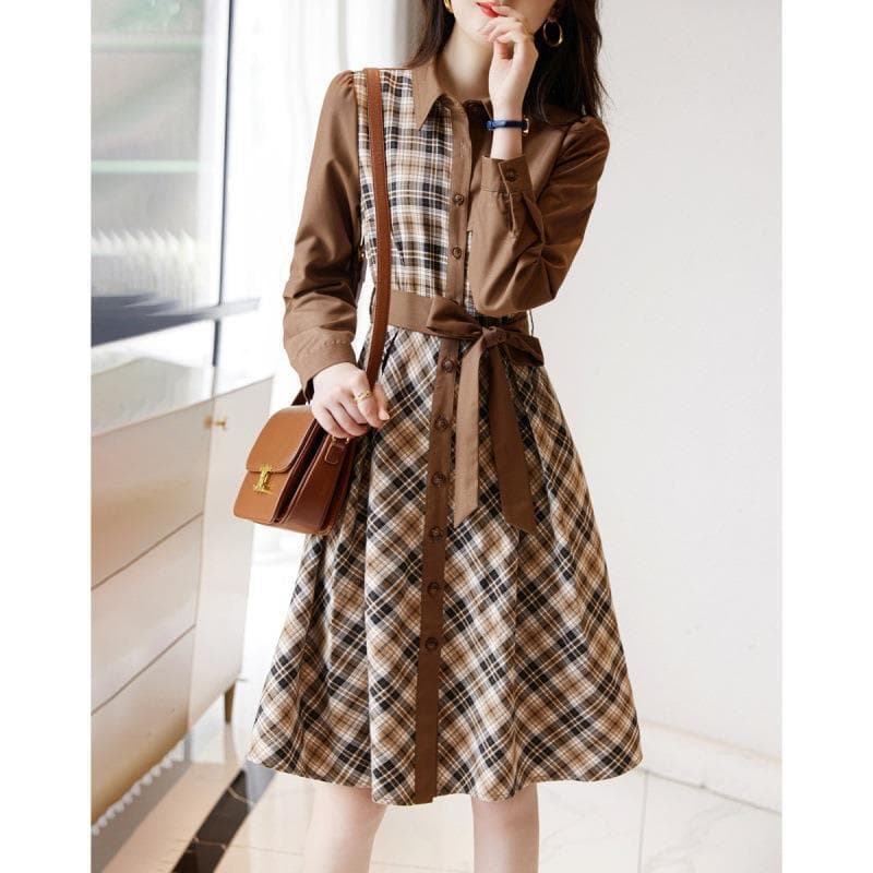 大人かわいい服 チェック柄 切替シャツワンピース