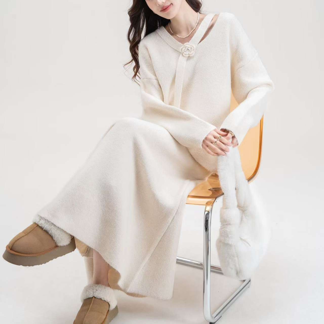大人かわいい服 ふんわりニット切り替えセットアップ