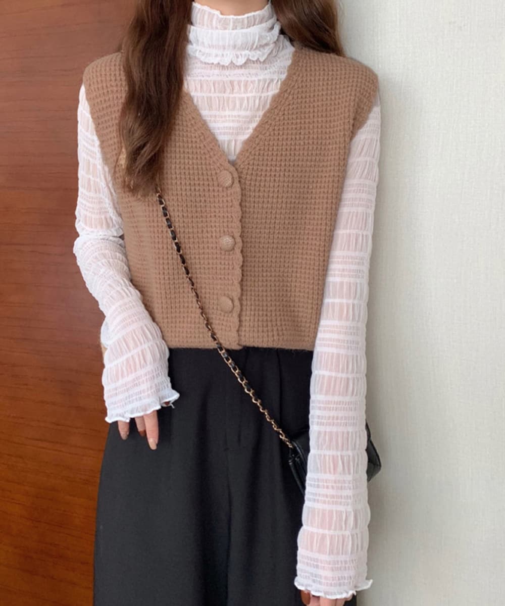 大人かわいい服 ニット風ベスト 深めブイネック レディース トップス ジレ