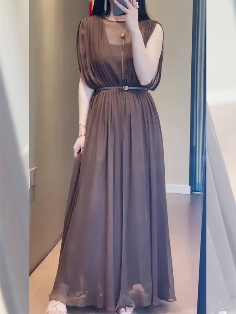 大人かわいい服 優美シフォン プリーツロングワンピ