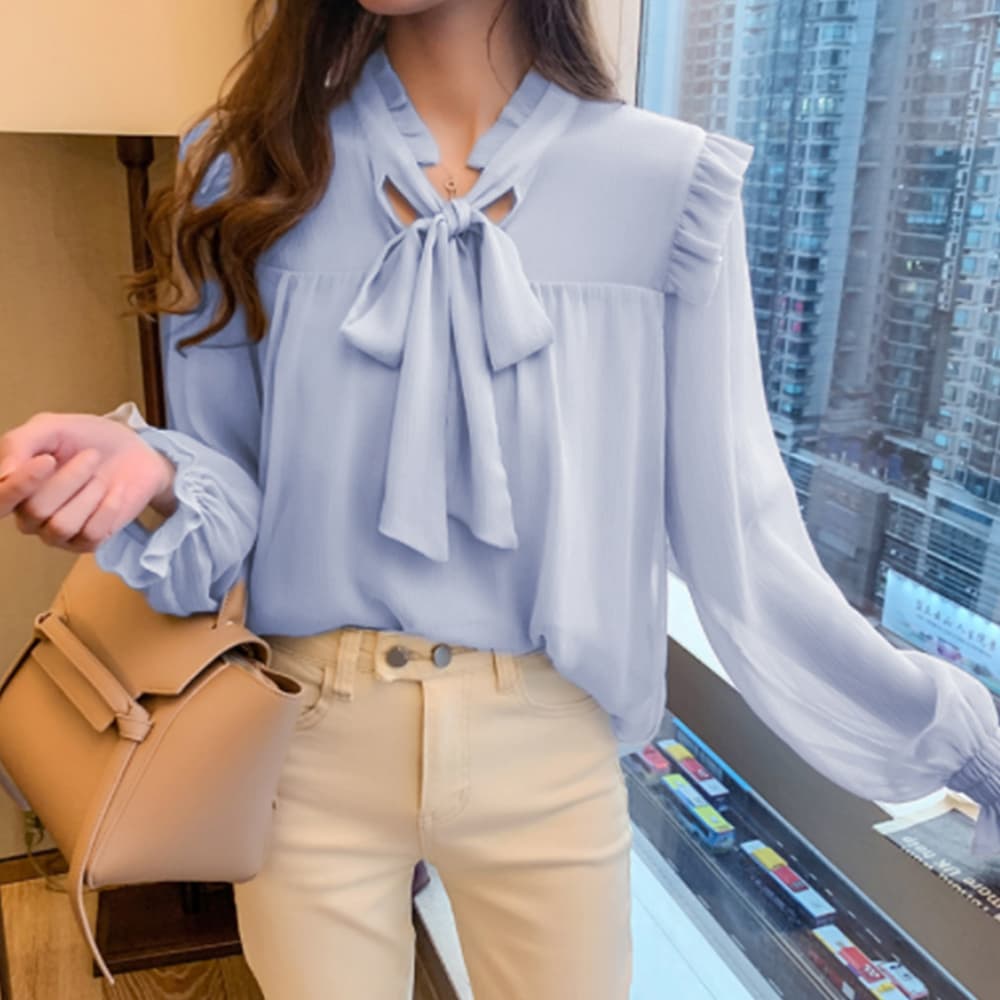 大人かわいい服 フリルリボン シアートップス 長袖ブラウス