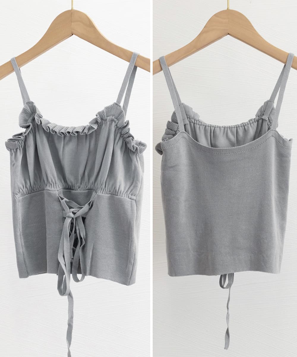 大人かわいい服 フリル編み上げニットキャミトップス