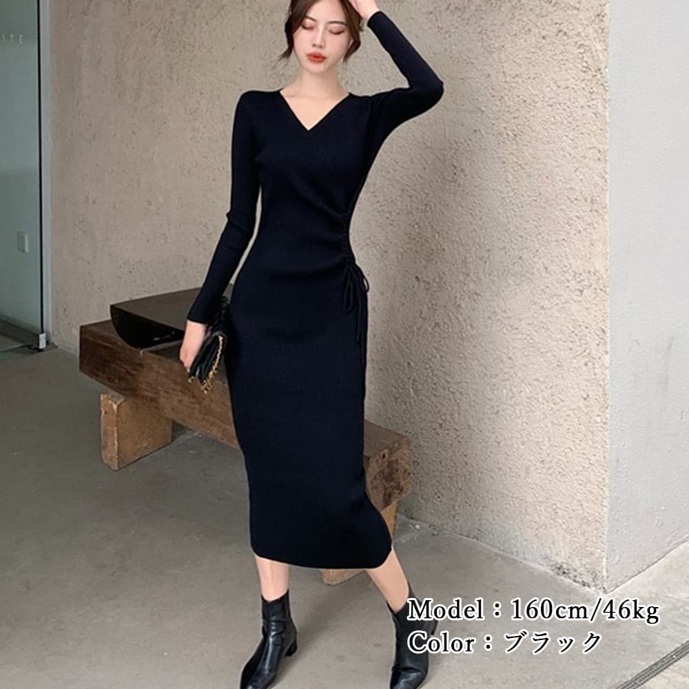 大人かわいい服 カシュクール風リブニットワンピース秋冬