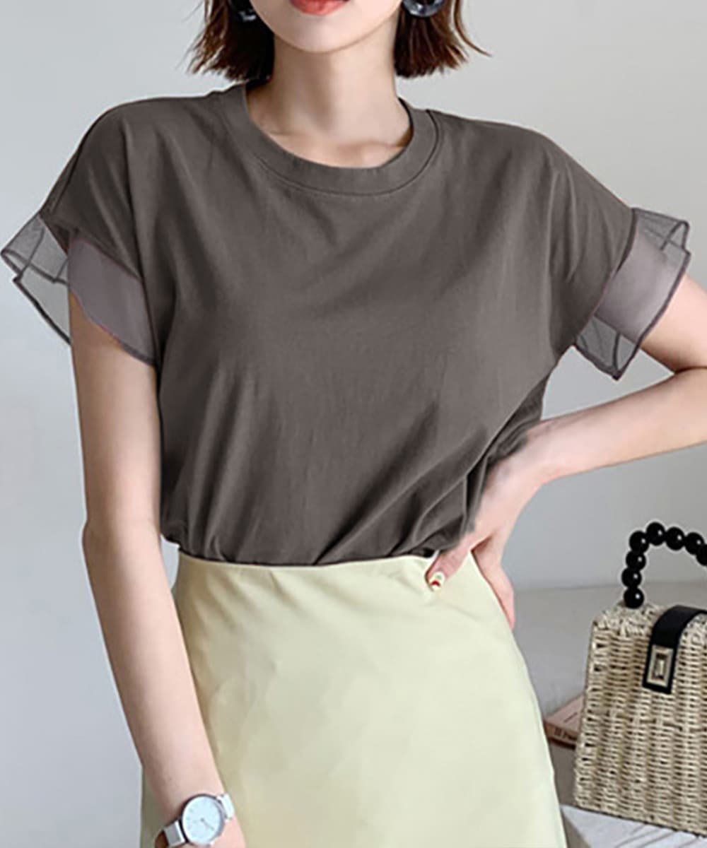 大人かわいい服 シアー袖トップス チュール切替えカットソー