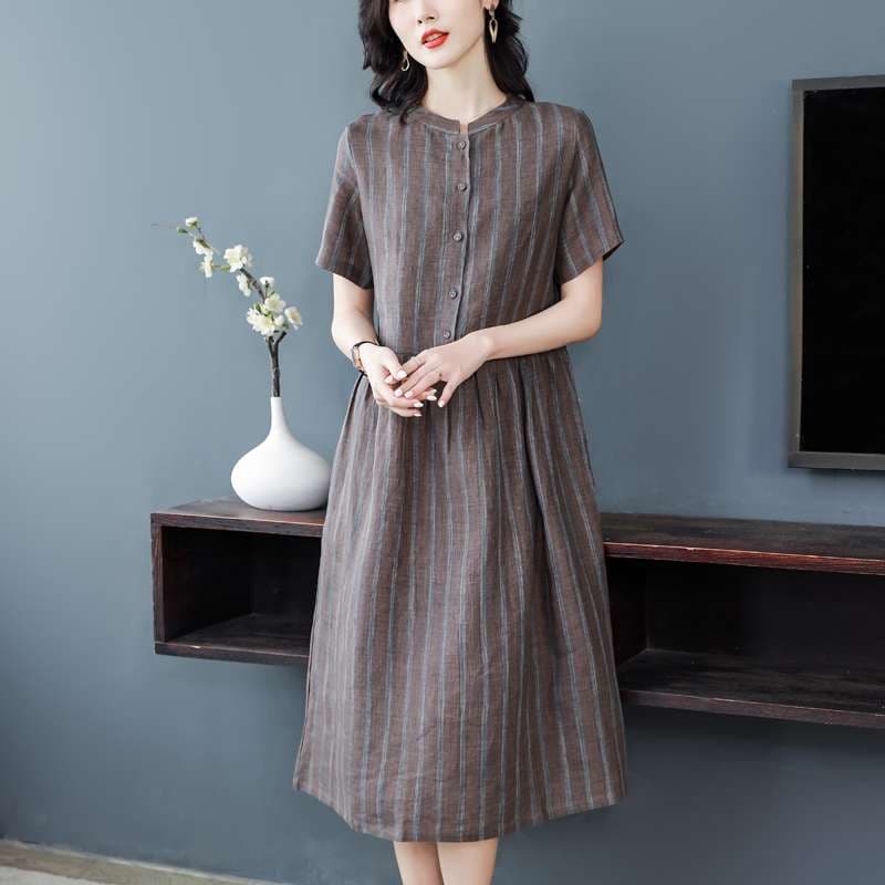大人かわいい服 ストライプナチュラルAラインワンピース