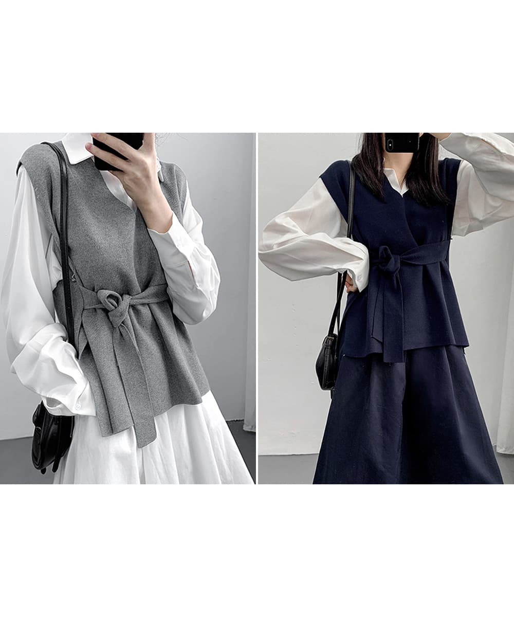 大人かわいい服 大人可愛いVネックベルト付きニットベスト
