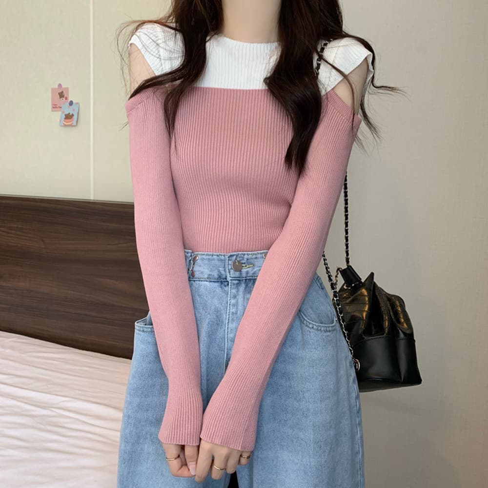 大人かわいい服 肩見せバイカラーリブニットトップス