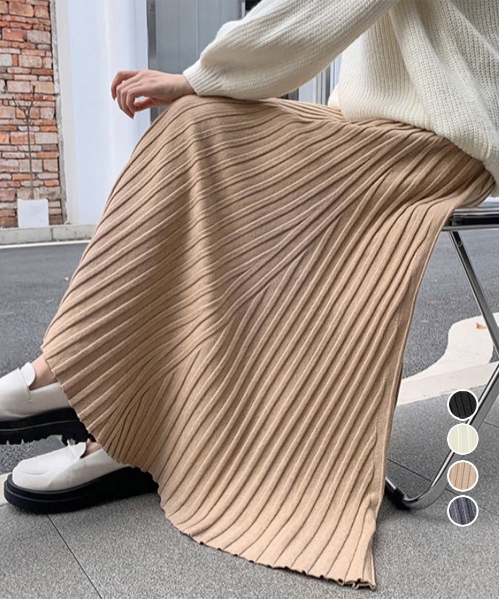 大人かわいい服 優美プリーツニットスカート 秋冬フレアロング