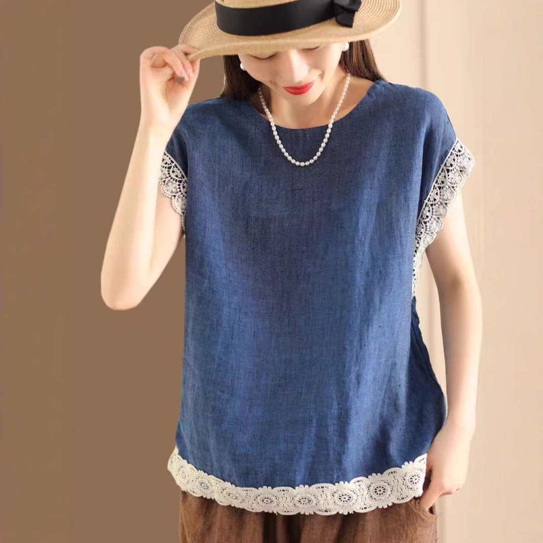 大人かわいい服 レース縁取りリネン風ゆったりブラウス