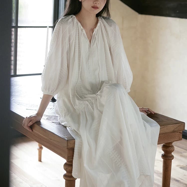 大人かわいい服 フレンチシックリボン＆ギャザーロングワンピース
