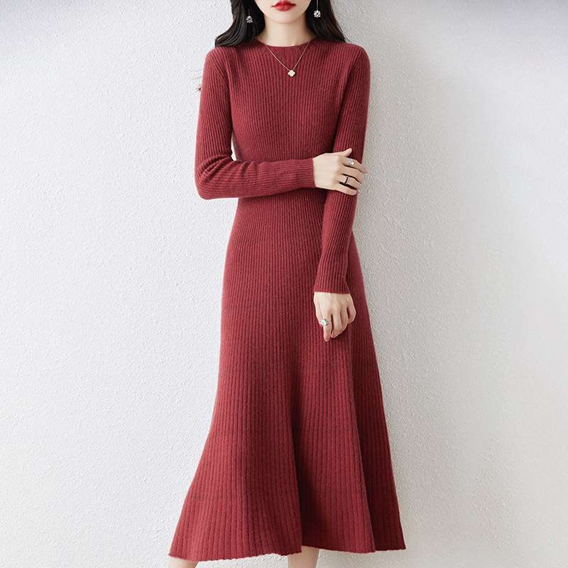 大人かわいい服 美シルエットリブニットロングワンピース