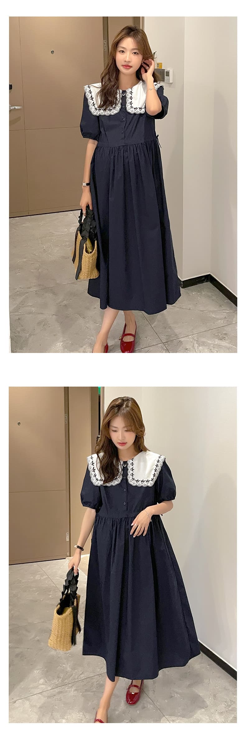 大人かわいい服 刺繍レース襟付きパフスリーブワンピース