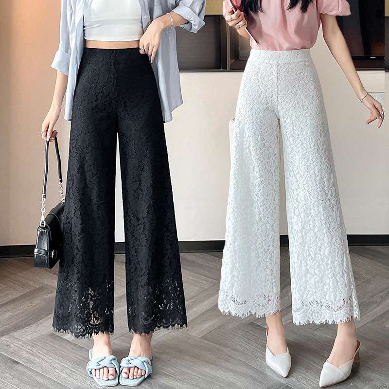 大人かわいい服 レーススカラップ ワイドパンツ