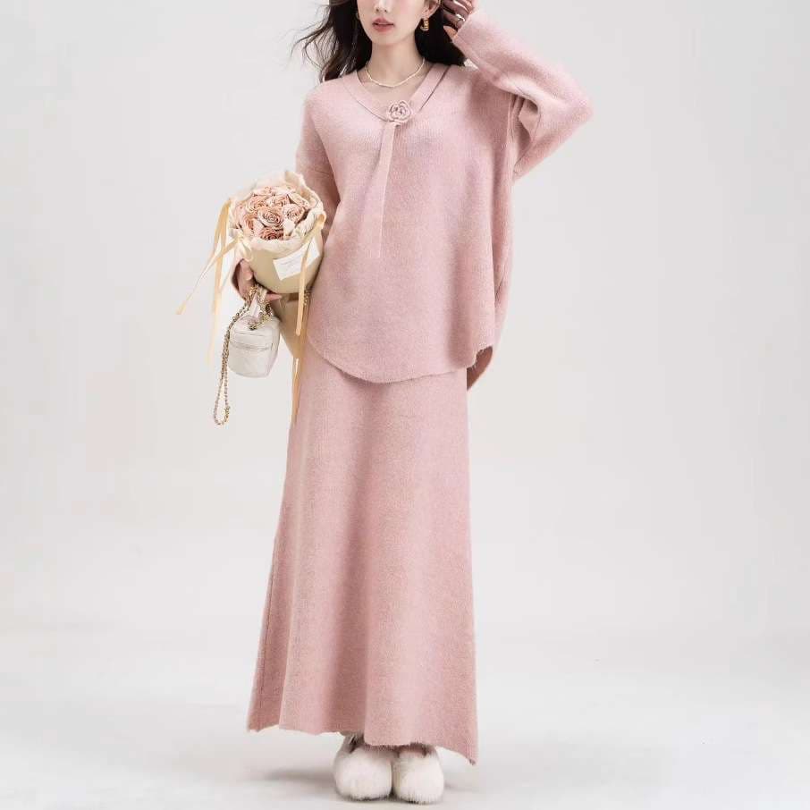 大人かわいい服 ふんわりニット切り替えセットアップ