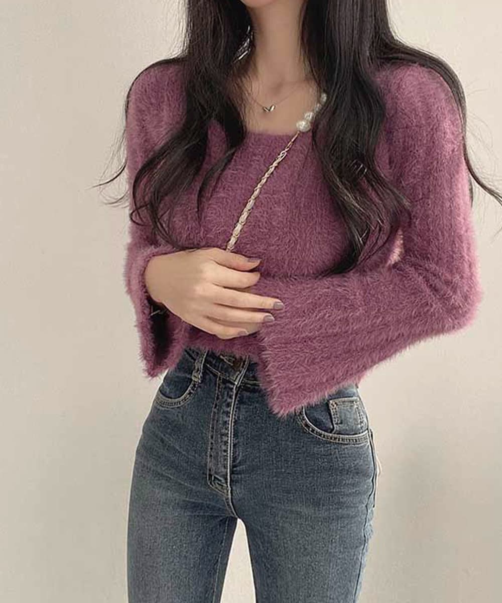 大人かわいい服 ふわシャギー ショート丈ニットトップス