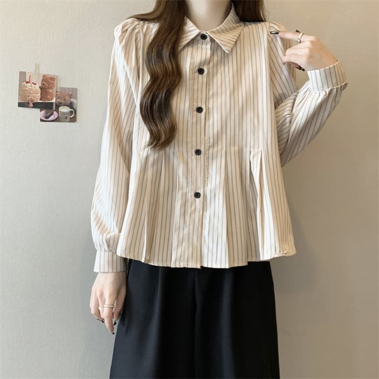 大人かわいい服 ストライプギャザー フレアブラウス