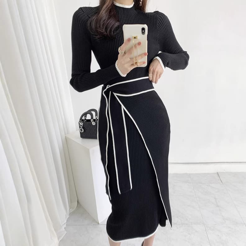 大人かわいい服 配色パイピングリボン付きリブニットワンピース