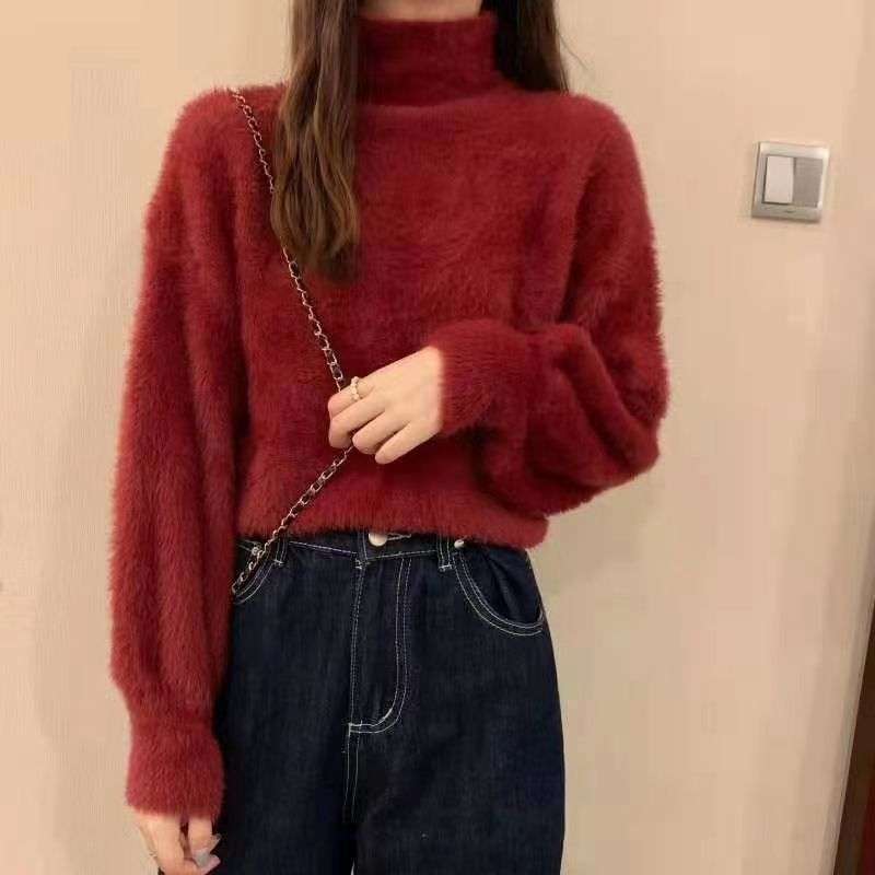 大人かわいい服 ふわふわモコモコ高襟ニットセーター