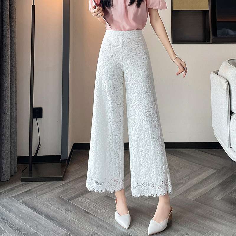 大人かわいい服 レーススカラップ ワイドパンツ