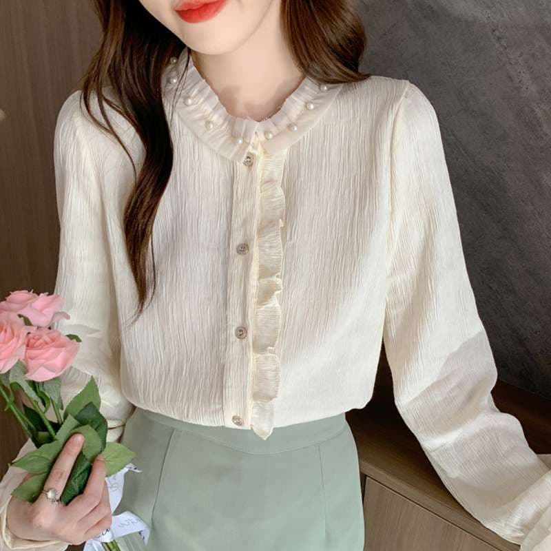 大人かわいい服 クラシカルフリルカラー長袖ブラウス