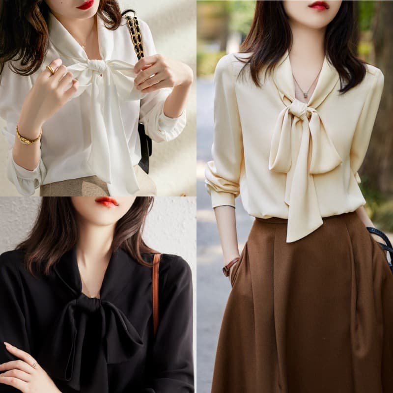 大人かわいい服 シャーリング×リボンタイ ブラウス