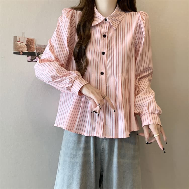 大人かわいい服 ストライプギャザー フレアブラウス