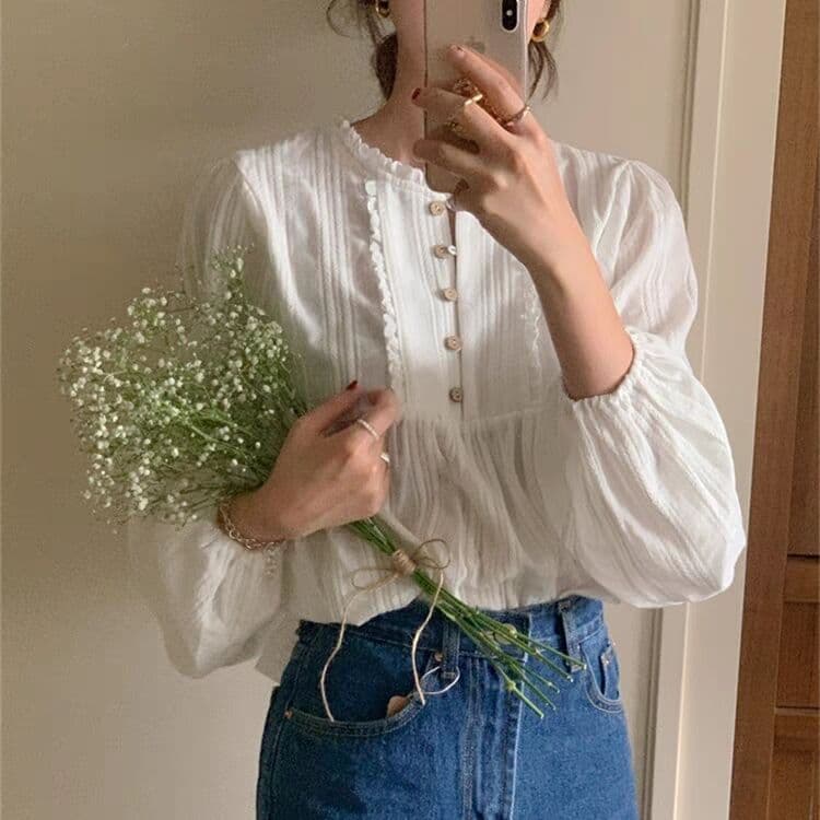 大人かわいい服 フリルネック楊柳ボリューム袖ブラウス